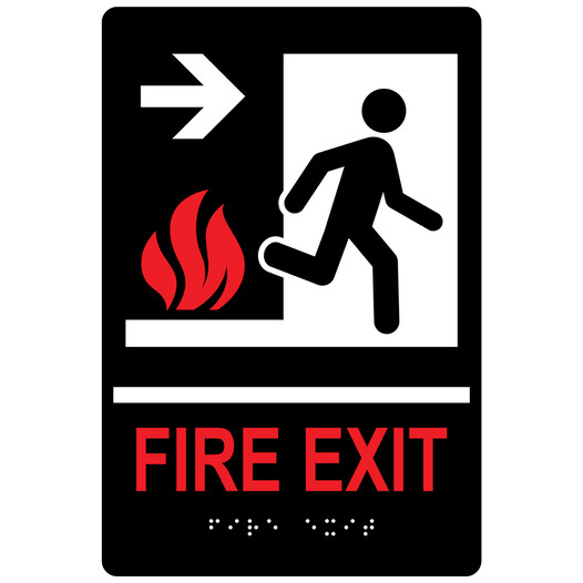 Black ADA Braille FIRE EXIT Sign with Symbol RRE-275_MULTI_White_on_Black
