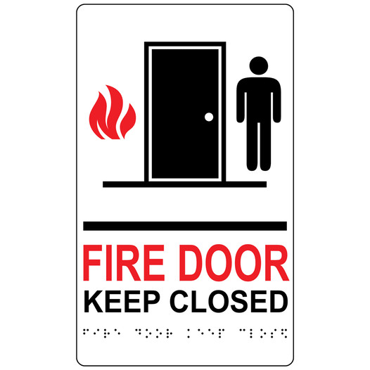White ADA Braille FIRE DOOR KEEP CLOSED Sign with Symbol RRE-285_MULTI_Black_on_White