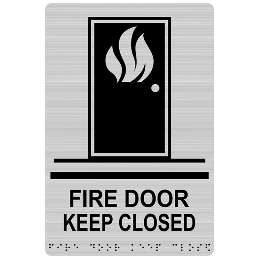 Brushed Silver ADA Braille FIRE DOOR KEEP CLOSED Sign with Symbol RRE-255_Black_on_BrushedSilver