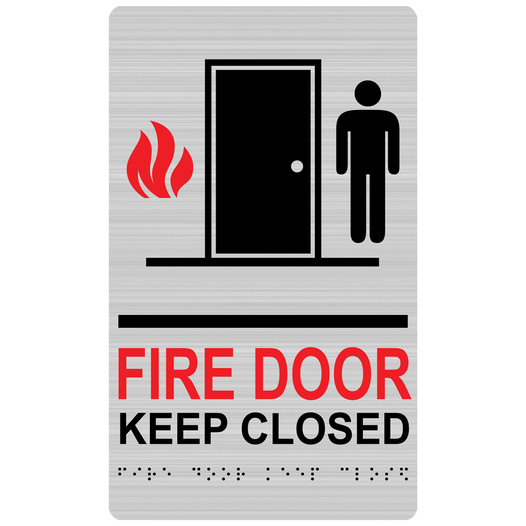 Brushed Silver ADA Braille FIRE DOOR KEEP CLOSED Sign with Symbol RRE-285_MULTI_Black_on_BrushedSilver