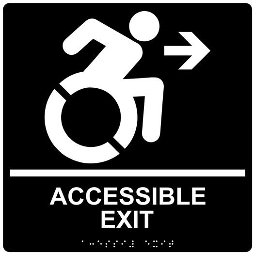 Square Black Braille ACCESSIBLE EXIT Right Sign with Dynamic Accessibility Symbol - RRE-14758R-99_White_on_Black