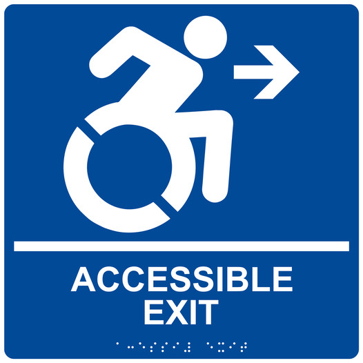 Square Blue Braille ACCESSIBLE EXIT Right Sign with Dynamic Accessibility Symbol - RRE-14758R-99_White_on_Blue