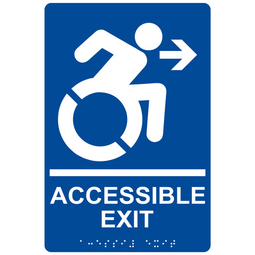 Blue Braille ACCESSIBLE EXIT Right Sign with Dynamic Accessibility Symbol RRE-14758R_White_on_Blue