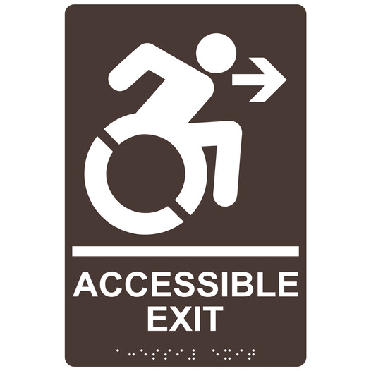 Dark Brown Braille ACCESSIBLE EXIT Right Sign with Dynamic Accessibility Symbol RRE-14758R_White_on_DarkBrown