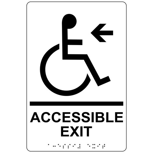 White ADA Braille ACCESSIBLE EXIT Left Sign RRE-14759_Black_on_White