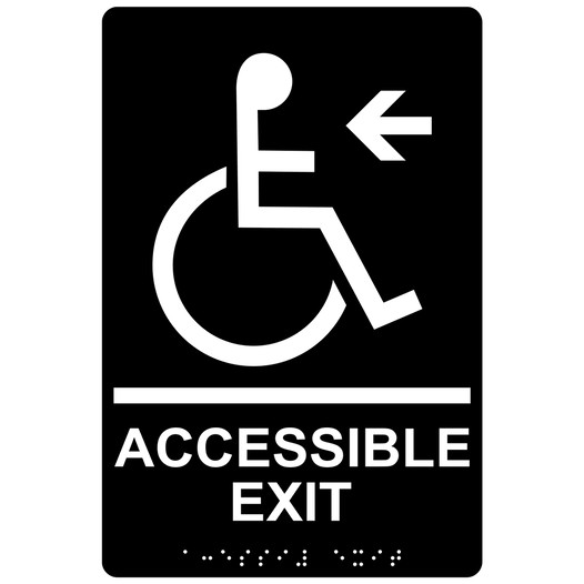 Black ADA Braille ACCESSIBLE EXIT Left Sign RRE-14759_White_on_Black