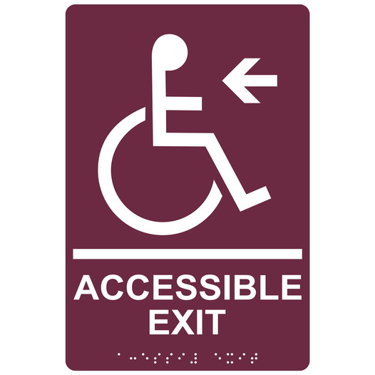 Burgundy ADA Braille ACCESSIBLE EXIT Left Sign RRE-14759_White_on_Burgundy