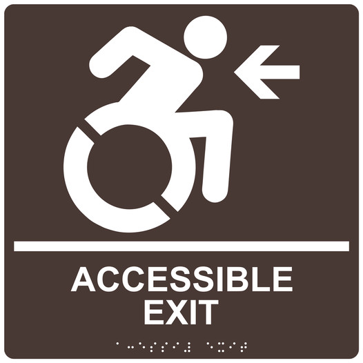 Square Dark Brown Braille ACCESSIBLE EXIT Left Sign with Dynamic Accessibility Symbol - RRE-14759R-99_White_on_DarkBrown