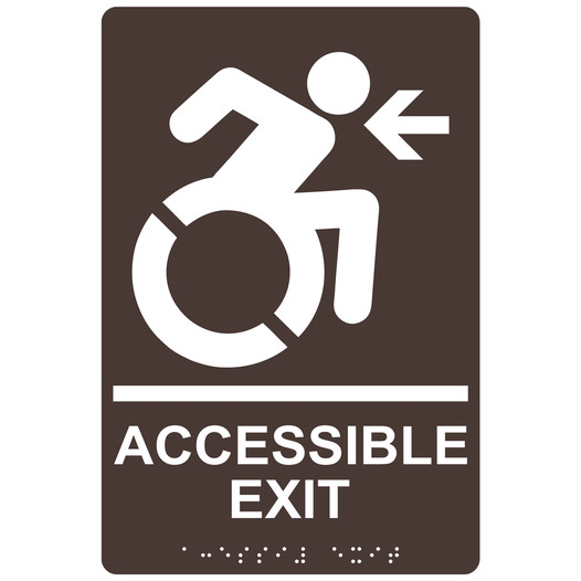 Dark Brown Braille ACCESSIBLE EXIT Left Sign with Dynamic Accessibility Symbol RRE-14759R_White_on_DarkBrown