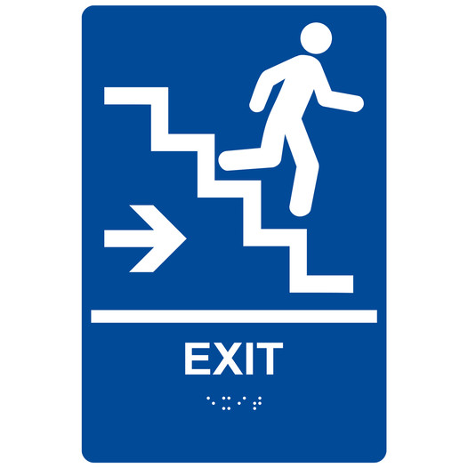 Blue ADA Braille EXIT Stairs Right Sign RRE-14790_White_on_Blue
