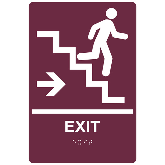 Burgundy ADA Braille EXIT Stairs Right Sign RRE-14790_White_on_Burgundy