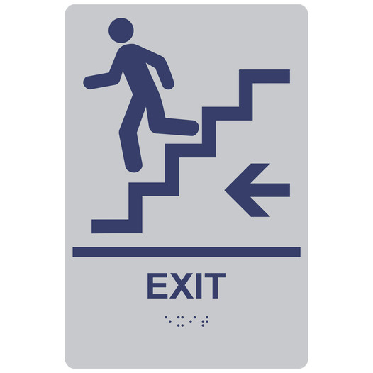 Silver ADA Braille EXIT Stairs Left Sign RRE-14791_MarineBlue_on_Silver