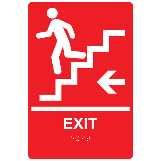 Red ADA Braille EXIT Stairs Left Sign RRE-14791_White_on_Red