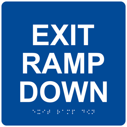 Square Blue ADA Braille EXIT RAMP DOWN Sign RRE-14794_White_on_Blue