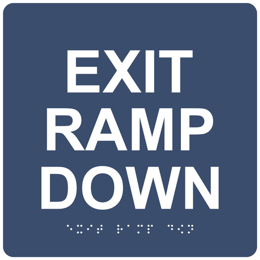 Navy 6-Inch Square ADA Braille EXIT RAMP DOWN Sign RRE-14794_White_on_Navy