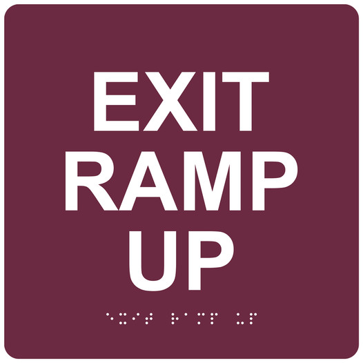 Burgundy 6-Inch Square ADA Braille EXIT RAMP UP Sign RRE-14795_White_on_Burgundy