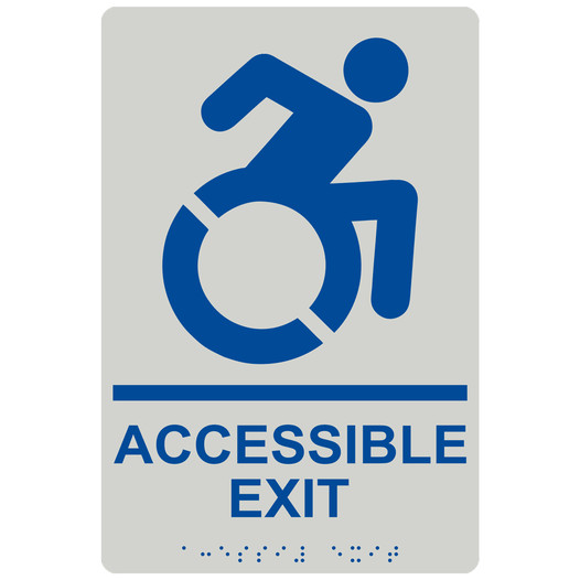 Pearl Gray Braille ACCESSIBLE EXIT Sign with Dynamic Accessibility Symbol RRE-17819R_Blue_on_PearlGray