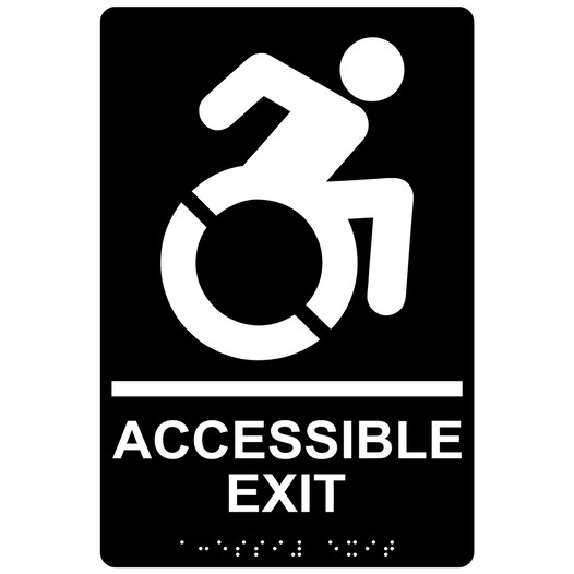 Black Braille ACCESSIBLE EXIT Sign with Dynamic Accessibility Symbol RRE-17819R_White_on_Black
