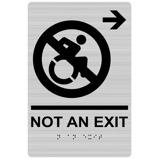 Brushed Silver Braille NOT AN EXIT Right Sign with Dynamic Accessibility Symbol RRE-19616R_Black_on_BrushedSilver