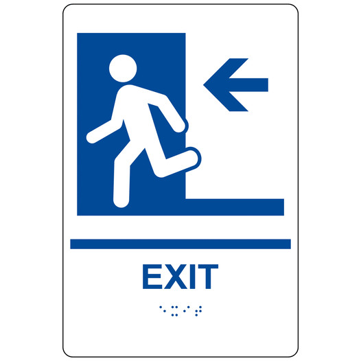 White ADA Braille EXIT Left Sign with Symbol RRE-241_Blue_on_White
