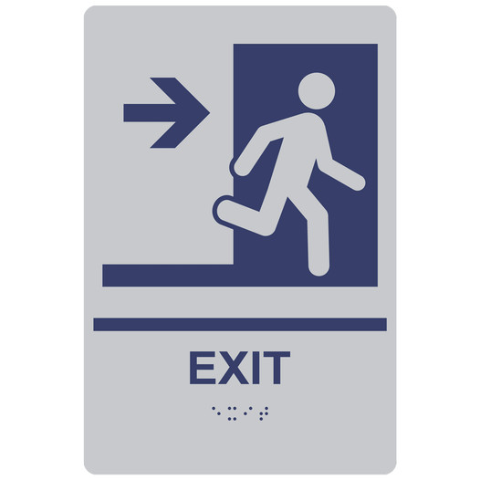 Silver ADA Braille EXIT Right Sign with Symbol RRE-242_MarineBlue_on_Silver