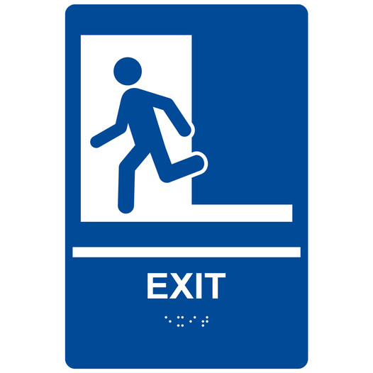 Blue ADA Braille EXIT Left Sign with Symbol RRE-243_White_on_Blue