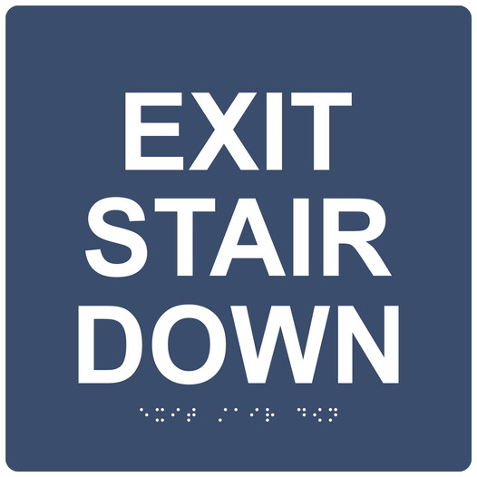 Navy 9-Inch Square ADA Braille EXIT STAIR DOWN Sign RRE-670-99_White_on_Navy