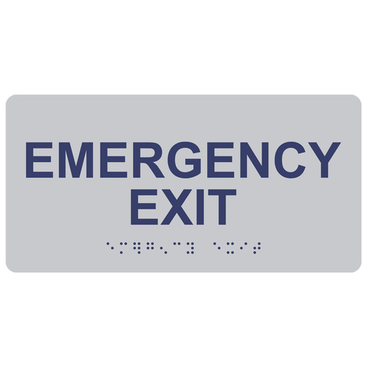 Silver ADA Braille Emergency Exit Sign with Tactile Text - RSME-28041_MarineBlue_on_Silver