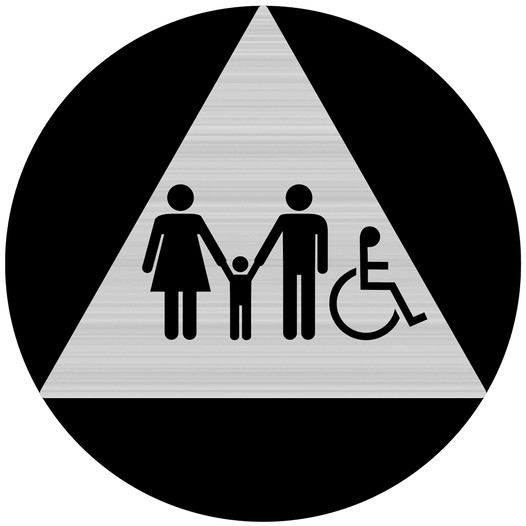 Brushed Silver Accessible Family Restroom Door Sign with Symbol RR-170_DCTS_Black_on_BrushedSilver