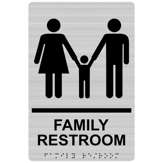 Brushed Silver ADA Braille FAMILY RESTROOM Sign with Symbol RRE-165_Black_on_BrushedSilver