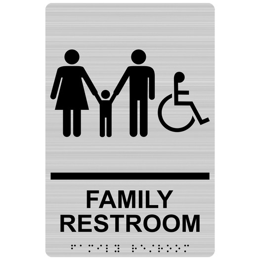 Brushed Silver ADA Braille Accessible FAMILY RESTROOM Sign with Symbol RRE-170_Black_on_BrushedSilver