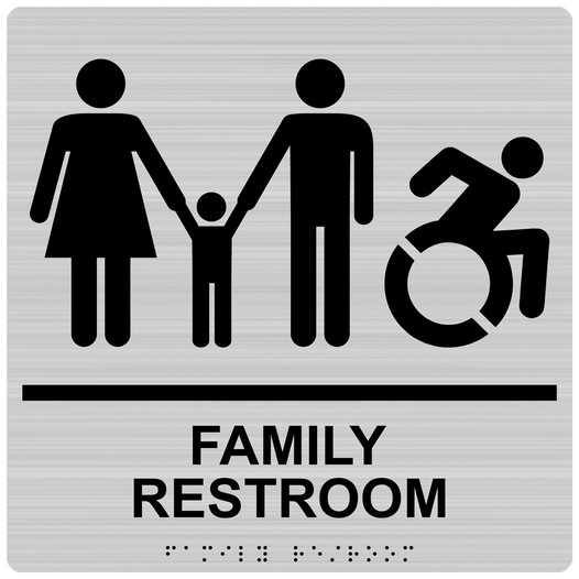 Square Brushed Silver Braille FAMILY RESTROOM Sign with Dynamic Accessibility Symbol RRE-170R-99_Black_on_BrushedSilver