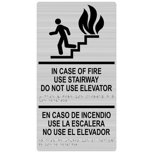 Brushed Silver ADA Braille IN CASE OF FIRE USE STAIRWAY English + Spanish Sign RRB-230_Black_on_BrushedSilver
