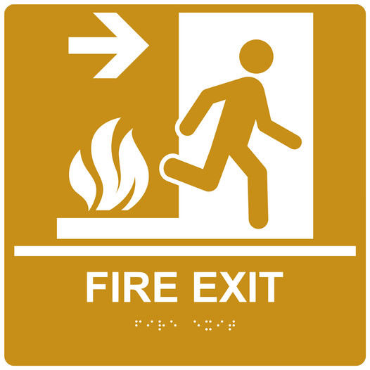 Square Gold ADA Braille FIRE EXIT Right Sign - RRE-245-99_White_on_Gold