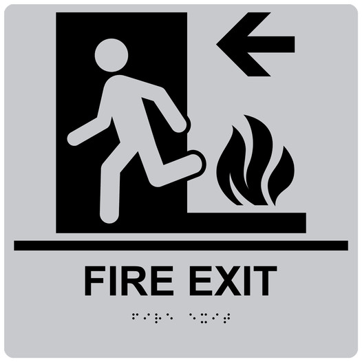 Square Silver ADA Braille FIRE EXIT Left Sign - RRE-250-99_Black_on_Silver