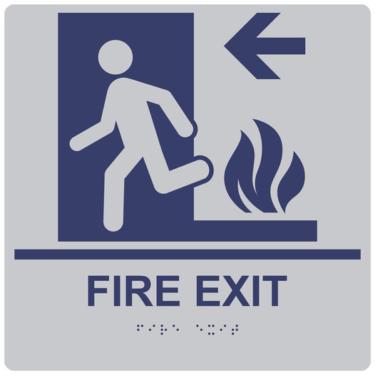 Square Silver ADA Braille FIRE EXIT Left Sign - RRE-250-99_MarineBlue_on_Silver
