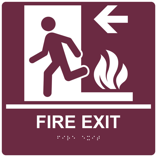 Square Burgundy ADA Braille FIRE EXIT Left Sign - RRE-250-99_White_on_Burgundy