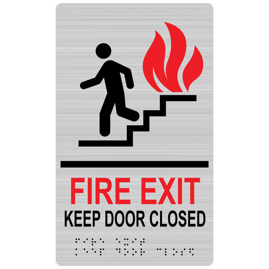 Brushed Silver ADA Braille FIRE EXIT KEEP DOOR CLOSED Sign with Symbol RRE-270_MULTI_Black_on_BrushedSilver