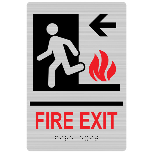 Brushed Silver ADA Braille FIRE EXIT Sign with Symbol RRE-280_MULTI_Black_on_BrushedSilver