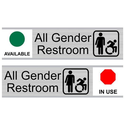 Silver All Gender Restroom (Available/In Use) Sliding Engraved Sign EGRE-25514-SYM-SLIDE_Black_on_Silver