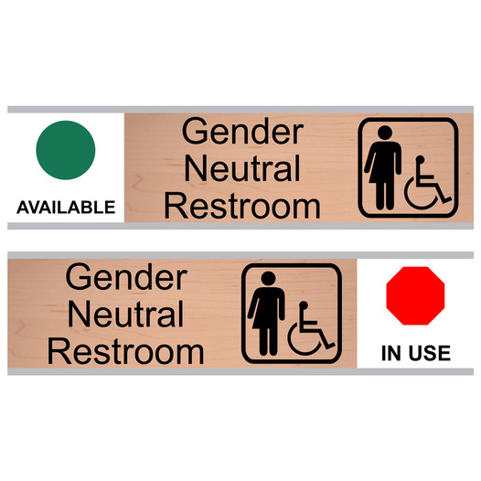 Cashew Gender Neutral Restroom (Available/In Use) Sliding Engraved Sign EGRE-25516-SYM-SLIDE_Black_on_Cashew
