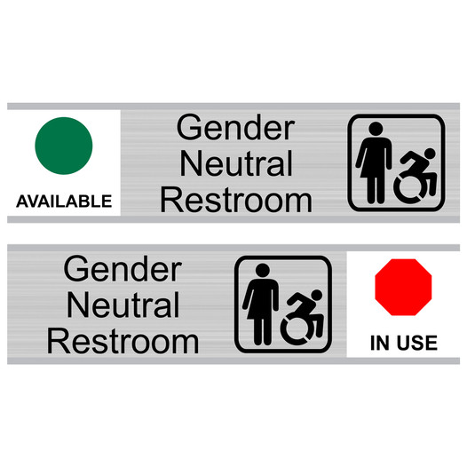 Silver Gender Neutral Restroom (Available/In Use) Sliding Engraved Sign EGRE-25517-SYM-SLIDE_Black_on_Silver