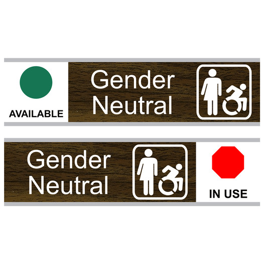 Walnut Gender Neutral (Available/In Use) Sliding Engraved Sign EGRE-25520-SYM-SLIDE_White_on_Walnut