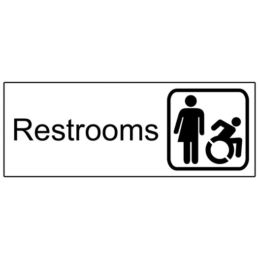 White Engraved Restrooms Sign with Dynamic Accessibility Symbol EGRE-25523-SYM_Black_on_White