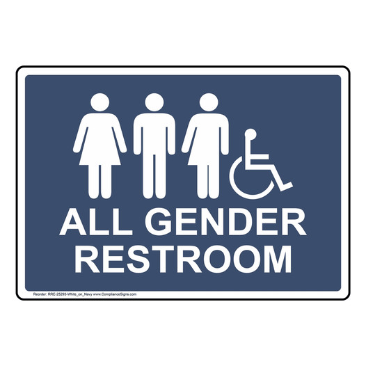 Navy Accessible ALL GENDER RESTROOM Sign With Symbol RRE-25293-White_on_Navy