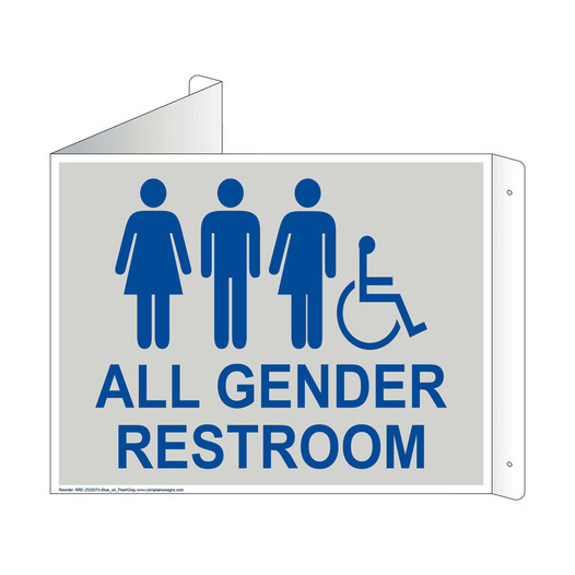 Pearl Gray Triangle-Mount Accessible ALL GENDER RESTROOM Sign With Symbol RRE-25293Tri-Blue_on_PearlGray