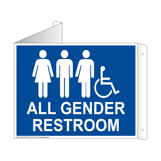 Blue Triangle-Mount Accessible ALL GENDER RESTROOM Sign With Symbol RRE-25293Tri-White_on_Blue