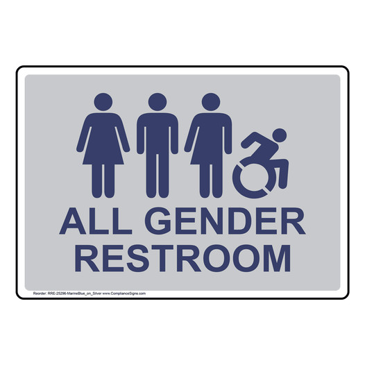 Silver ALL GENDER RESTROOM Sign with Dynamic Accessibility Symbol RRE-25296-MarineBlue_on_Silver