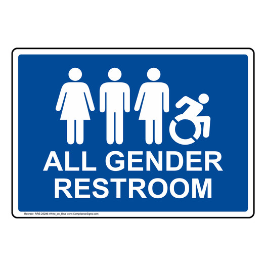 Blue ALL GENDER RESTROOM Sign with Dynamic Accessibility Symbol RRE-25296-White_on_Blue