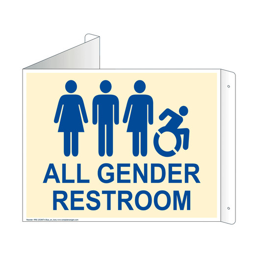 Ivory Triangle-Mount ALL GENDER RESTROOM Sign With Dynamic Accessibility Symbol RRE-25296Tri-Blue_on_Ivory